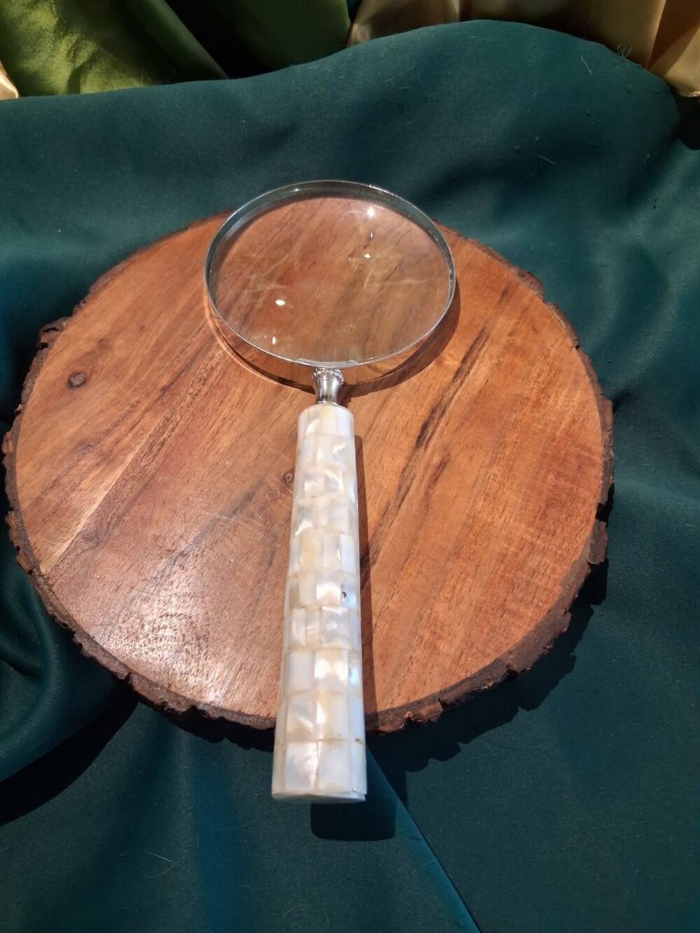 Vintage Mother of Pearl Mosaic Magnifying Glass Desk Accessory Reading Glass